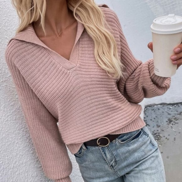 dusty pink V neck collar batwing sleeve knit sweat - Picture 6 of 6